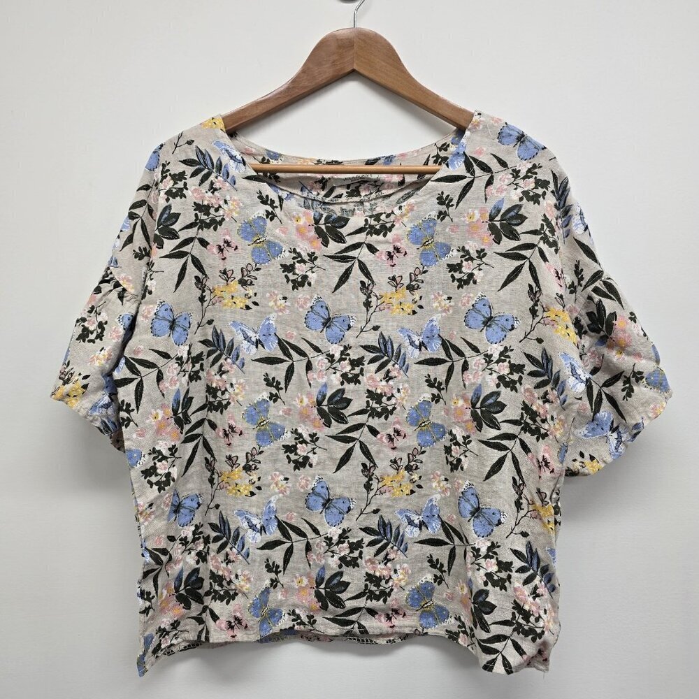 Viola Borghi Butterfly Floral Linen Top Blouse Shirt Size Small Cottagecore Boxy